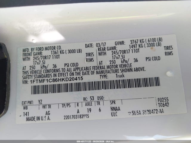 Aukcja sprzedaży 2017 Ford F-150 Xl, vin: 1FTMF1C86HKD20415, numer aukcji: 45171122
