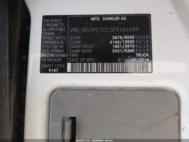 45171127 :رقم المزاد ، WD3PE7DC5F5966489 vin ، 2015 Mercedes-benz Sprinter 2500 Normal Roof مزاد بيع