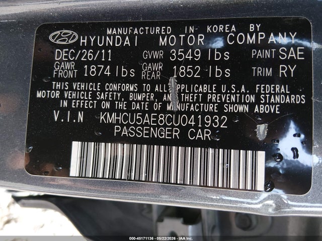 45171136 :رقم المزاد ، KMHCU5AE8CU041932 vin ، 2012 Hyundai Accent Se مزاد بيع