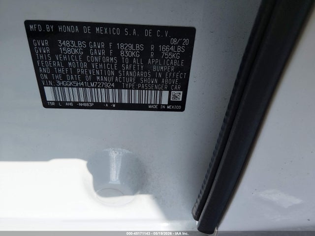 Aukcja sprzedaży 2020 Honda Fit Lx, vin: 3HGGK5H41LM727924, numer aukcji: 45171143