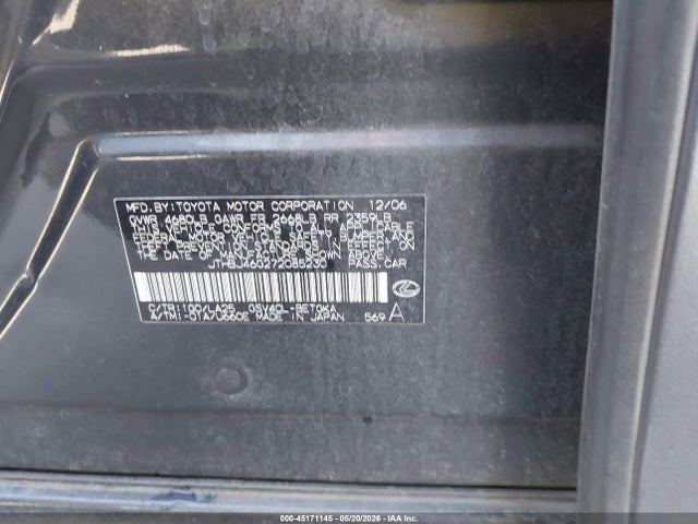 Aukcja sprzedaży 2007 Lexus Es 350, vin: JTHBJ46G272085230, numer aukcji: 45171145
