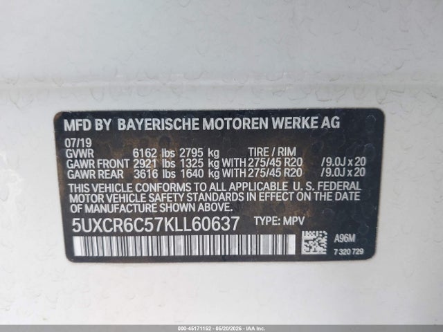 2019 Bmw X5 Xdrive40i მანქანა იყიდება აუქციონზე, vin: 5UXCR6C57KLL60637, აუქციონის ნომერი: 45171152