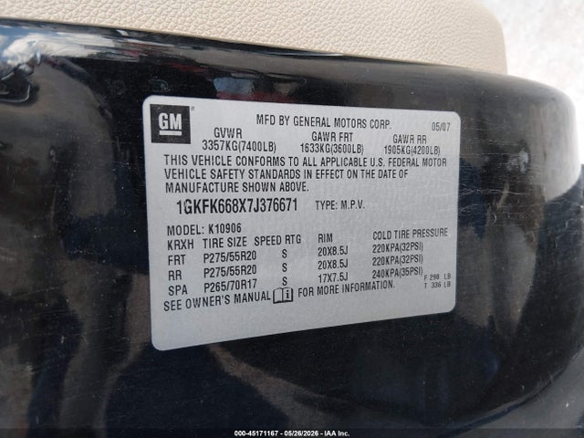 Продажа на аукционе авто 2007 Gmc Yukon Xl 1500 Denali, vin: 1GKFK668X7J376671, номер лота: 45171167