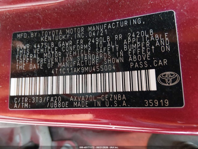 Auction sale of the 2021 Toyota Camry Le, vin: 4T1C11AK9MU455004, lot number: 45171172