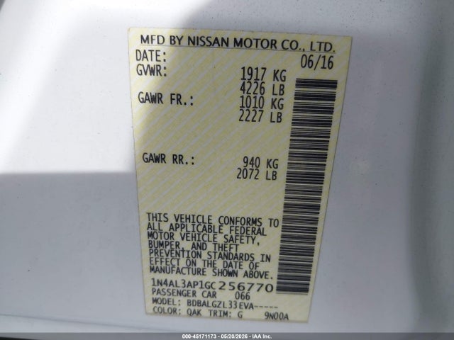 1N4AL3AP1GC256770 Nissan Altima 2.5/2.5 S/2.5 Sl/2.5 Sr/2.5 Sv