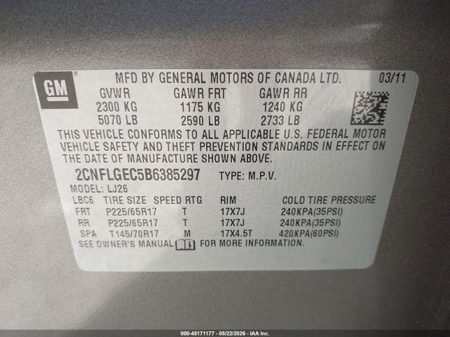 Продаж на аукціоні авто 2011 Chevrolet Equinox Ltz, vin: 2CNFLGEC5B6385297, номер лоту: 45171177