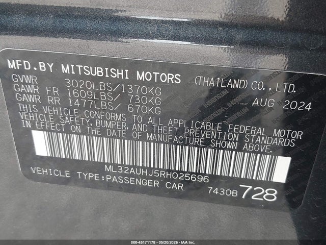 Aukcja sprzedaży 2024 Mitsubishi Mirage Es/le, vin: ML32AUHJ5RH025696, numer aukcji: 45171178