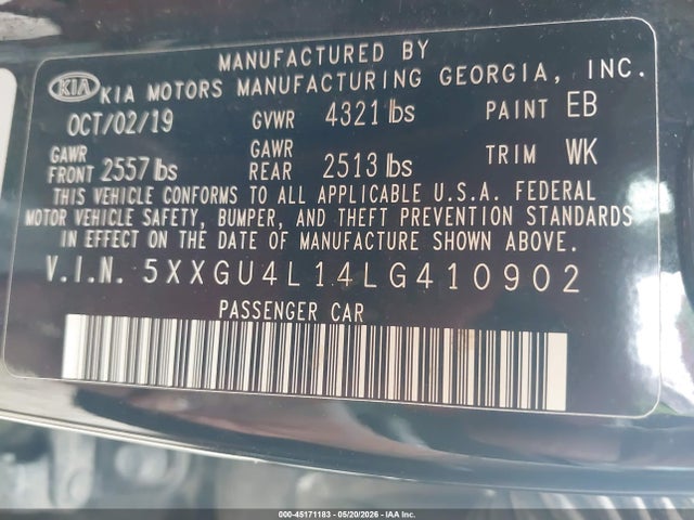 2020 Kia Optima Ex Premium მანქანა იყიდება აუქციონზე, vin: 5XXGU4L14LG410902, აუქციონის ნომერი: 45171183