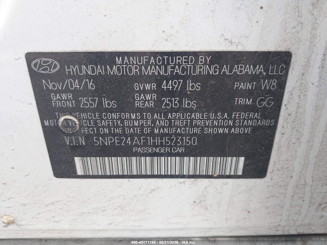 45171188 :رقم المزاد ، 5NPE24AF1HH523150 vin ، 2017 Hyundai Sonata Se مزاد بيع