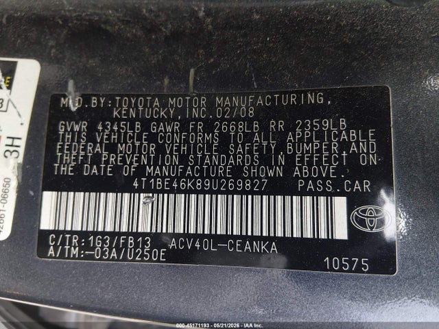Aukcja sprzedaży 2009 Toyota Camry Le, vin: 4T1BE46K89U269827, numer aukcji: 45171193