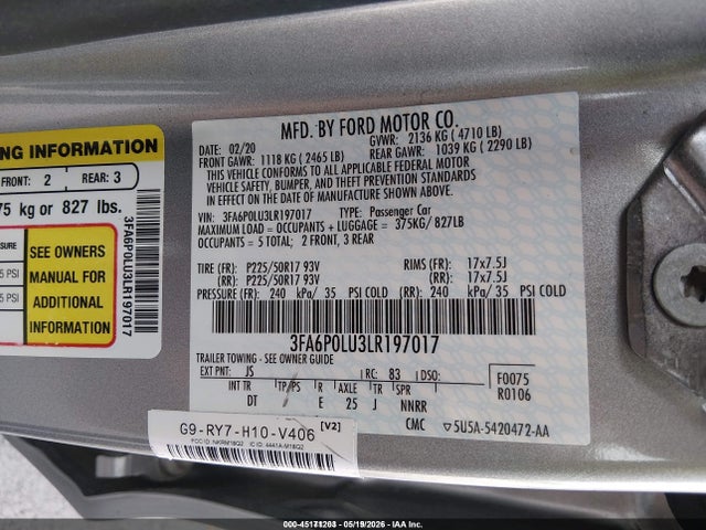 Auction sale of the 2020 Ford Fusion Hybrid Se, vin: 3FA6P0LU3LR197017, lot number: 45171203