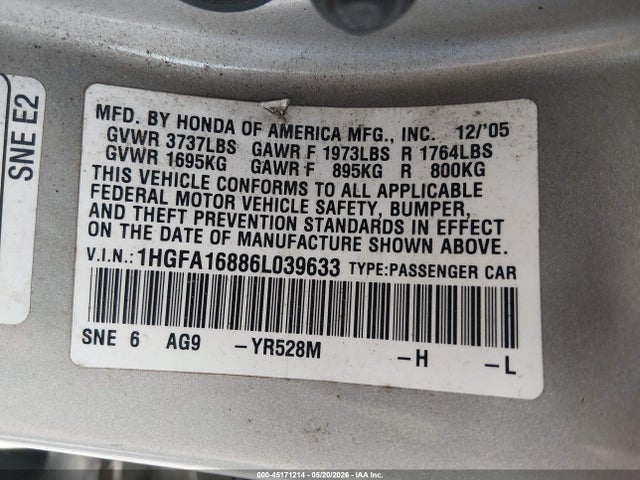 45171214 :رقم المزاد ، 1HGFA16886L039633 vin ، 2006 Honda Civic Ex مزاد بيع