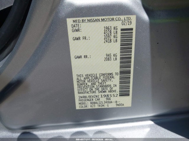 45171217 :رقم المزاد ، 1N4BL4EV2KC198552 vin ، 2019 Nissan Altima 2.5 Sl مزاد بيع