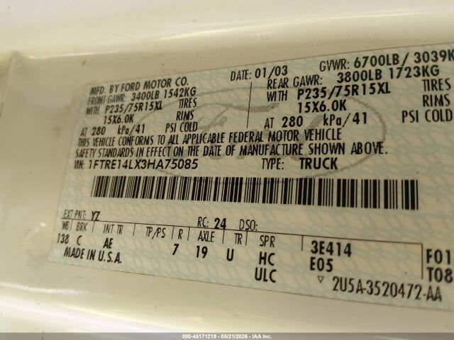 45171219 :رقم المزاد ، 1FTRE14LX3HA75085 vin ، 2003 Ford E-150 Commercial/recreational مزاد بيع