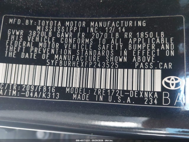 45171221 :رقم المزاد ، 5YFBURHEXFP243525 vin ، 2015 Toyota Corolla Le Plus مزاد بيع