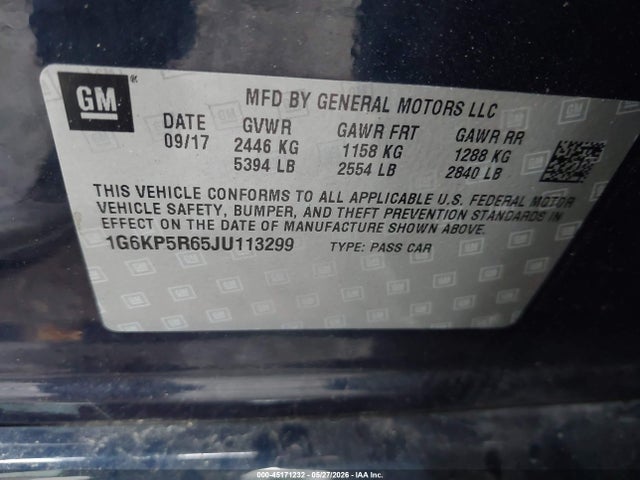 2018 Cadillac Ct6 Platinum მანქანა იყიდება აუქციონზე, vin: 1G6KP5R65JU113299, აუქციონის ნომერი: 45171232