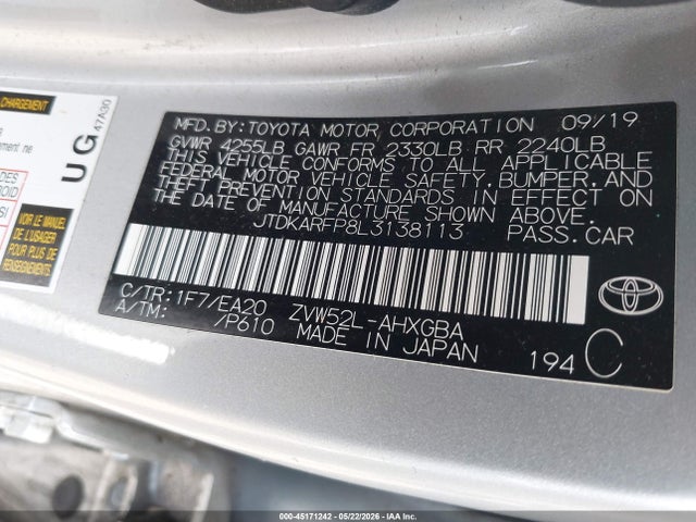 2020 Toyota Prius Prime Xle მანქანა იყიდება აუქციონზე, vin: JTDKARFP8L3138113, აუქციონის ნომერი: 45171242