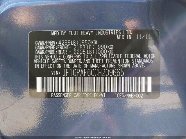 2012 Subaru Impreza 2.0i Premium მანქანა იყიდება აუქციონზე, vin: JF1GPAF60CH209665, აუქციონის ნომერი: 45171249