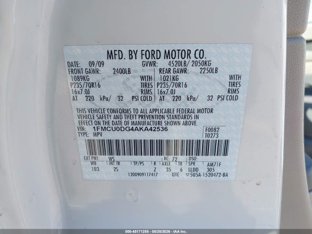 45171255 :رقم المزاد ، 1FMCU0DG4AKA42536 vin ، 2010 Ford Escape Xlt مزاد بيع