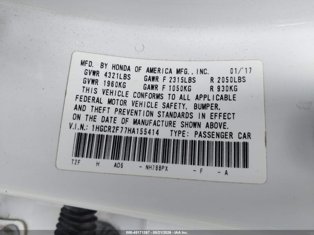 Продаж на аукціоні авто 2017 Honda Accord Ex, vin: 1HGCR2F77HA155414, номер лоту: 45171267