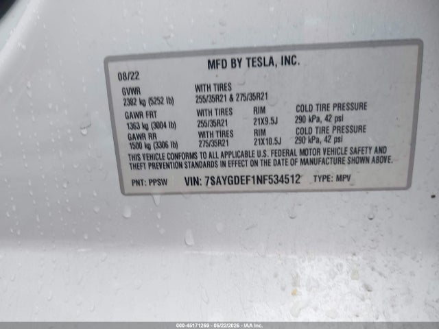 Продаж на аукціоні авто 2022 Tesla Model Y Performance Dual Motor All-wheel Drive, vin: 7SAYGDEF1NF534512, номер лоту: 45171269