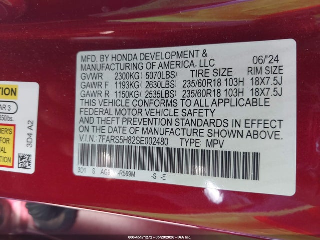 Aukcja sprzedaży 2025 Honda Cr-v Hybrid Sport-l, vin: 7FARS5H82SE002480, numer aukcji: 45171272
