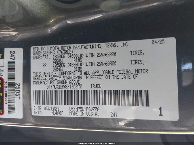 Aukcja sprzedaży 2025 Toyota Tundra Hybrid Platinum Hybrid Crewmax 5.5' Bed, vin: 5TFNC5DB9SX103272, numer aukcji: 45171276