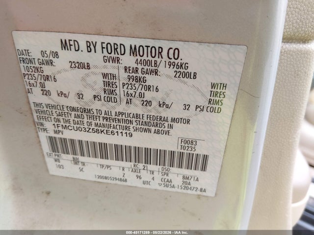 Aukcja sprzedaży 2008 Ford Escape Xlt, vin: 1FMCU03Z58KE61119, numer aukcji: 45171289