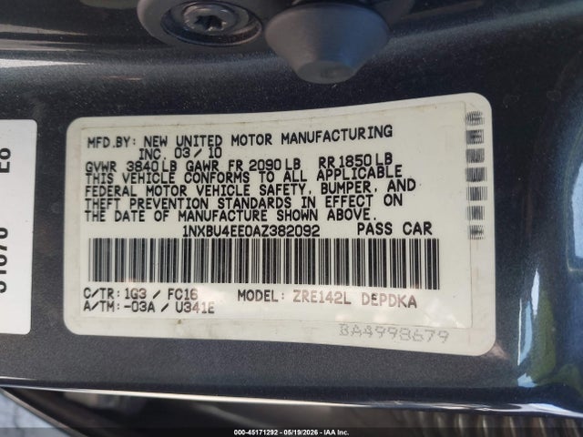 Продажа на аукционе авто 2010 Toyota Corolla Le, vin: 1NXBU4EE0AZ382092, номер лота: 45171292