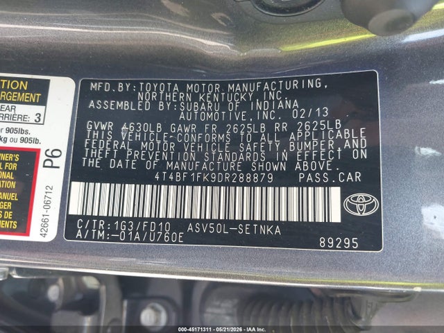 45171311 :رقم المزاد ، 4T4BF1FK9DR288879 vin ، 2013 Toyota Camry Le مزاد بيع