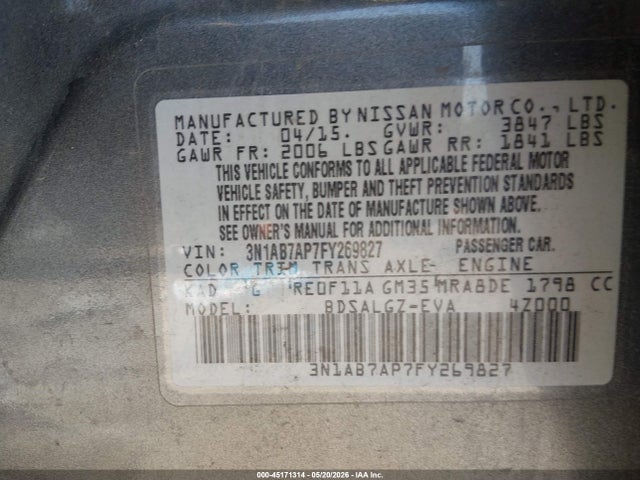 Aukcja sprzedaży 2015 Nissan Sentra Sl, vin: 3N1AB7AP7FY269827, numer aukcji: 45171314