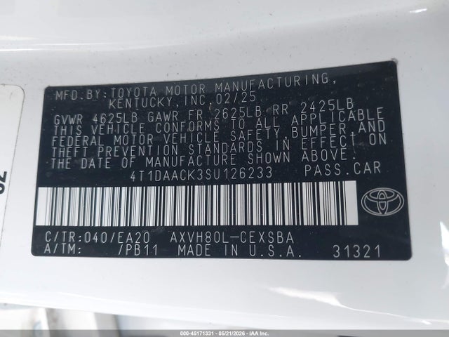 Aukcja sprzedaży 2025 Toyota Camry Se, vin: 4T1DAACK3SU126233, numer aukcji: 45171331