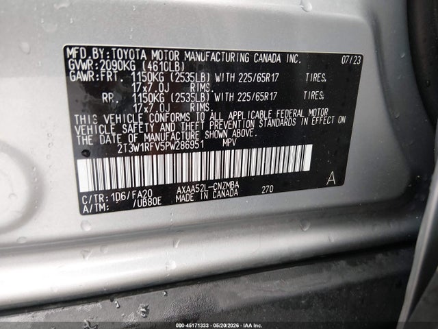 45171333 :رقم المزاد ، 2T3W1RFV5PW286951 vin ، 2023 Toyota Rav4 Xle مزاد بيع