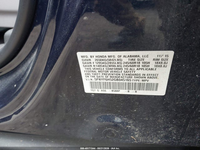 Aukcja sprzedaży 2016 Honda Pilot Ex-l, vin: 5FNYF6H52GB045165, numer aukcji: 45171344