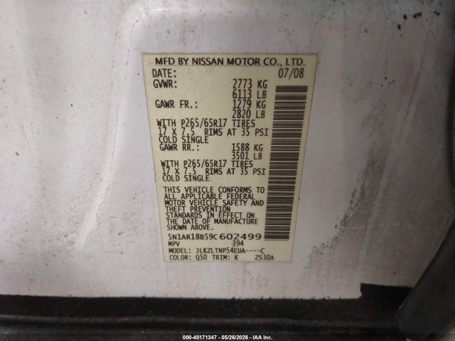 2009 Nissan Pathfinder Se მანქანა იყიდება აუქციონზე, vin: 5N1AR18B59C602499, აუქციონის ნომერი: 45171347