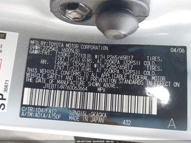 Продаж на аукціоні авто 2006 Toyota 4runner Sr5 V8, vin: JTEBT14R760063664, номер лоту: 45171348