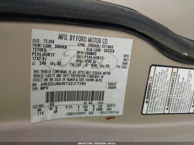 2005 Mercury Mountaineer მანქანა იყიდება აუქციონზე, vin: 4M2DU86W15ZJ17390, აუქციონის ნომერი: 45171350