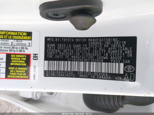 2019 Toyota Corolla Se მანქანა იყიდება აუქციონზე, vin: 2T1BURHEXKC163958, აუქციონის ნომერი: 45171356