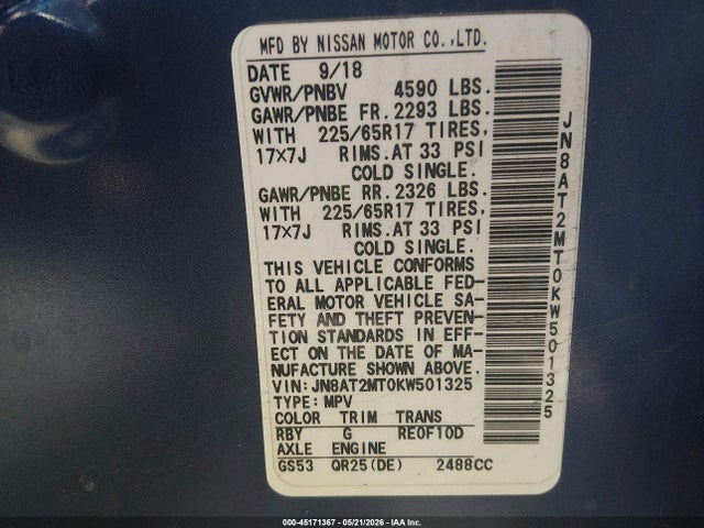 45171367 :رقم المزاد ، JN8AT2MT0KW501325 vin ، 2019 Nissan Rogue Sv مزاد بيع