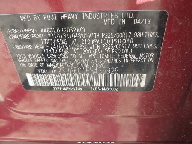 Aukcja sprzedaży 2014 Subaru Forester 2.5i Premium, vin: JF2SJAEC1EH435926, numer aukcji: 45171369