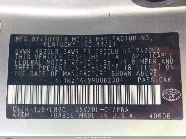 4T1KZ1AK9NU062304 Toyota Camry Xse V6