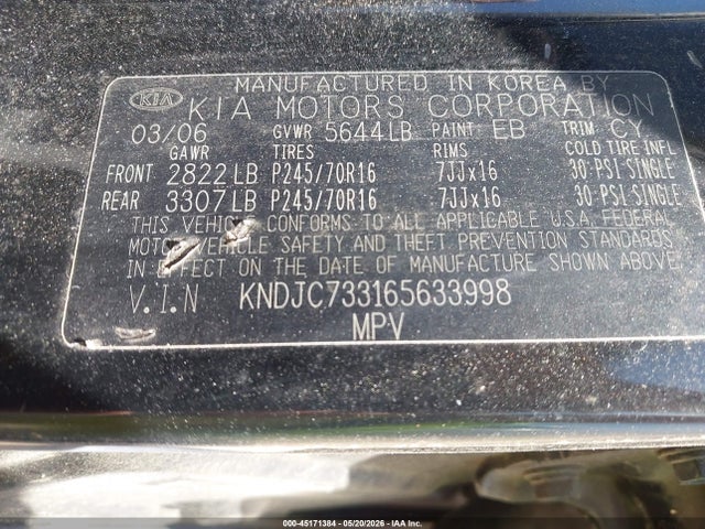 Aukcja sprzedaży 2006 Kia Sorento Ex/lx, vin: KNDJC733165633998, numer aukcji: 45171384