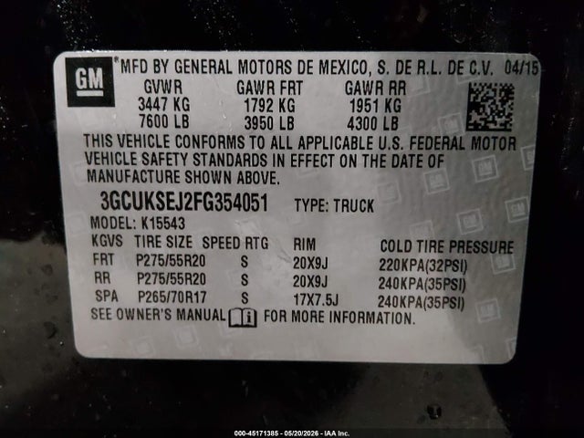 45171385 :رقم المزاد ، 3GCUKSEJ2FG354051 vin ، 2015 Chevrolet Silverado 1500 1lz مزاد بيع