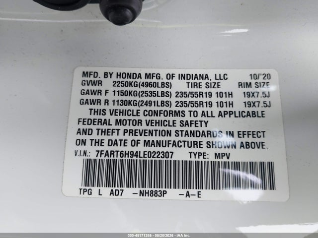 2020 Honda Cr-v Hybrid Touring მანქანა იყიდება აუქციონზე, vin: 7FART6H94LE022307, აუქციონის ნომერი: 45171386