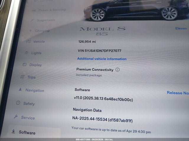 2013 Tesla Model S მანქანა იყიდება აუქციონზე, vin: 5YJSA1DN7DFP27077, აუქციონის ნომერი: 45171388
