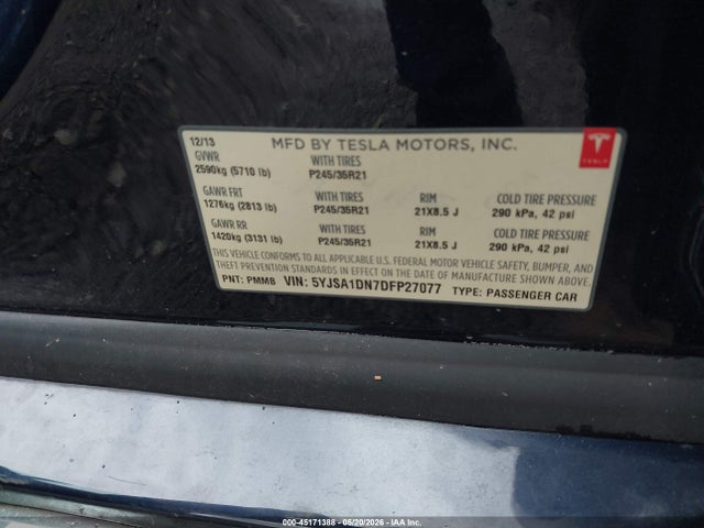 2013 Tesla Model S მანქანა იყიდება აუქციონზე, vin: 5YJSA1DN7DFP27077, აუქციონის ნომერი: 45171388