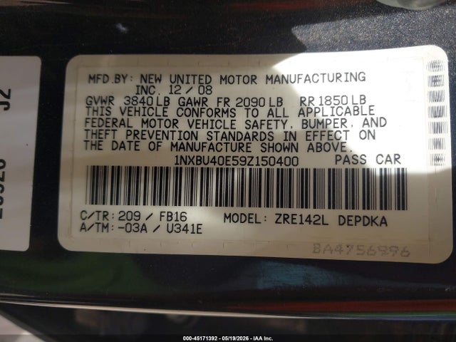 45171392 :رقم المزاد ، 1NXBU40E59Z150400 vin ، 2009 Toyota Corolla Le مزاد بيع