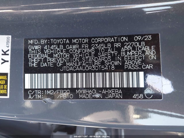 45171397 :رقم المزاد ، JTDACAAU0R3015418 vin ، 2024 Toyota Prius Le مزاد بيع