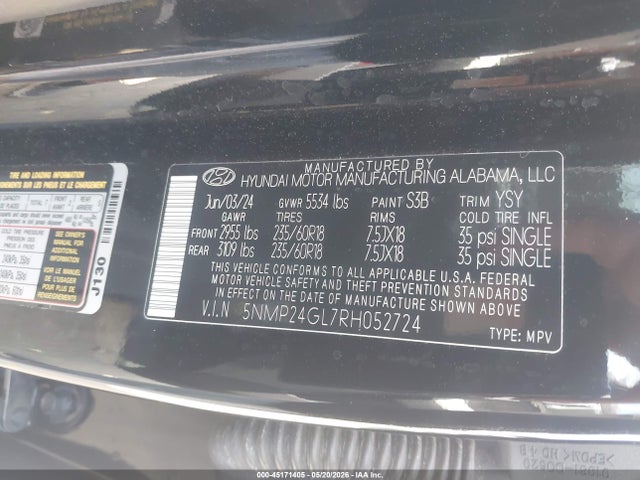 Продаж на аукціоні авто 2024 Hyundai Santa Fe Sel, vin: 5NMP24GL7RH052724, номер лоту: 45171405
