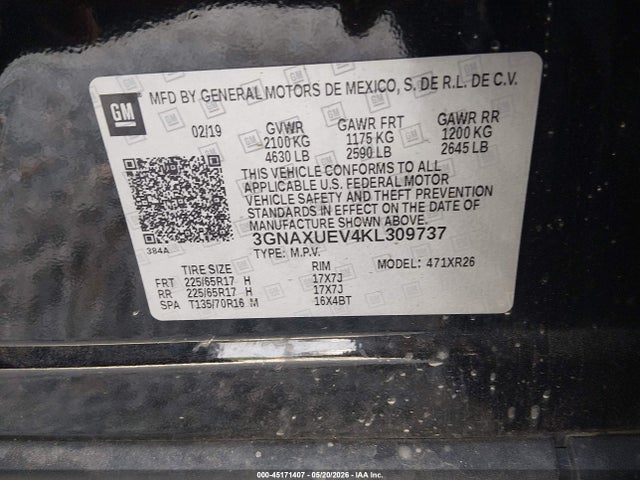 Aukcja sprzedaży 2019 Chevrolet Equinox Lt, vin: 3GNAXUEV4KL309737, numer aukcji: 45171407